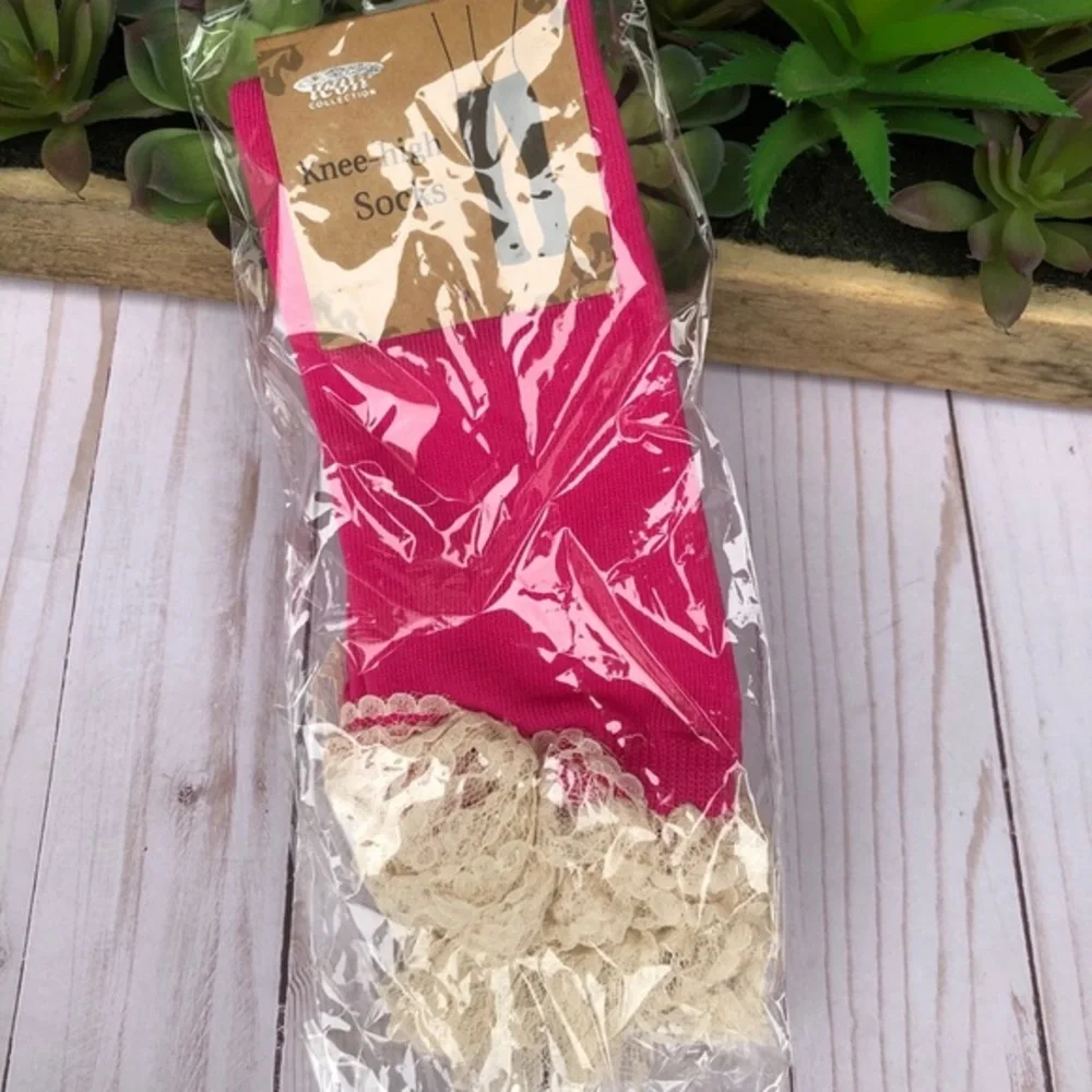 NWT boutique hot pink with cream lace boot socks‎